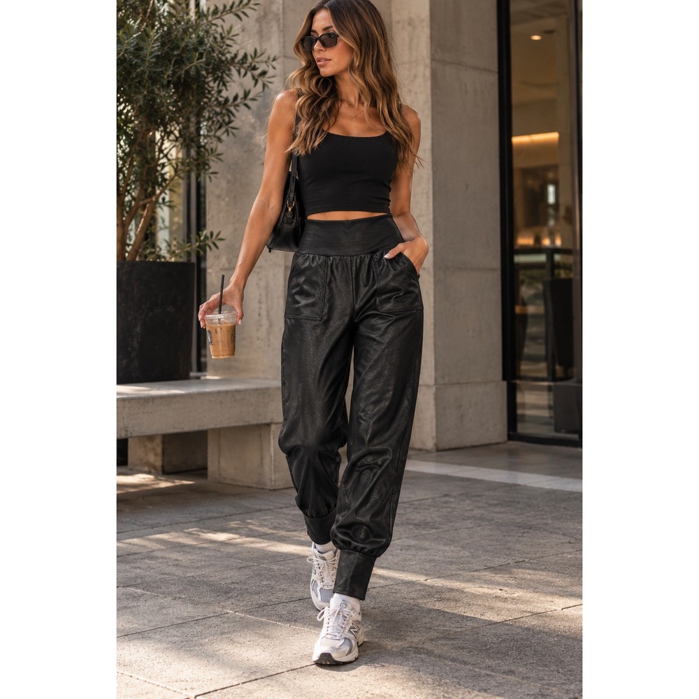 OFFLINE by Aerie Joggers Womens Small Black Faux Leather Crackle Athleisure